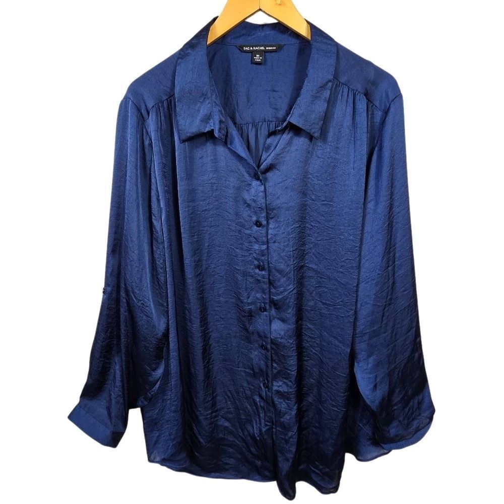 Zac & Rachel Deep Blue Satin Button-Down Shirt Plus Size 3x